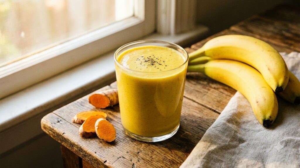 A golden yellow turmeric banana smoothie in a glass sprinkled with a tiny pinch of black pepper on a rustic background w