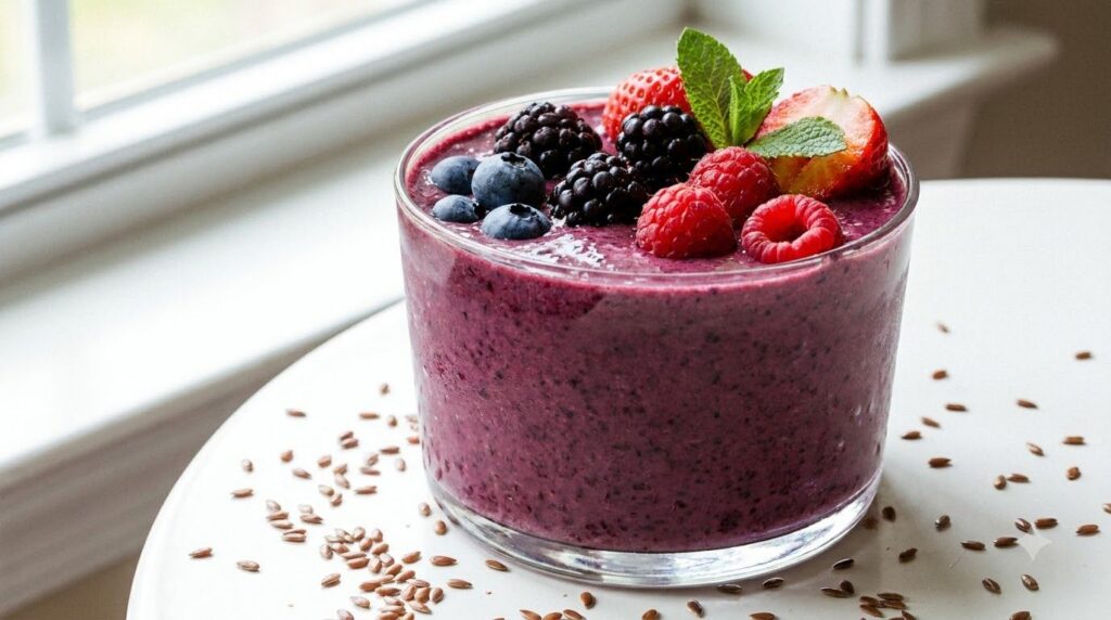A vibrant purple berry banana smoothie in a glass garnished with fresh mixed berries and a mint leaf A handful of flax s