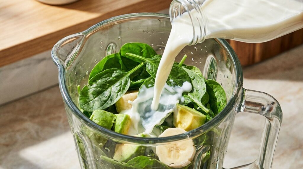 Adding fresh spinach and pouring milk into a blender with avocado and banana