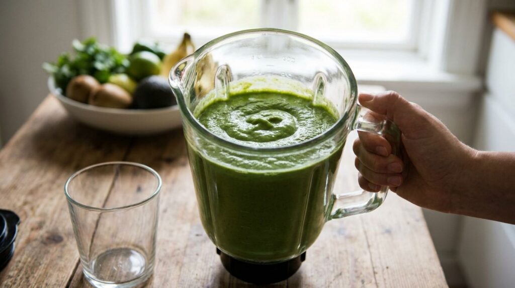 A perfectly smooth and creamy green avocado banana smoothie in a blender