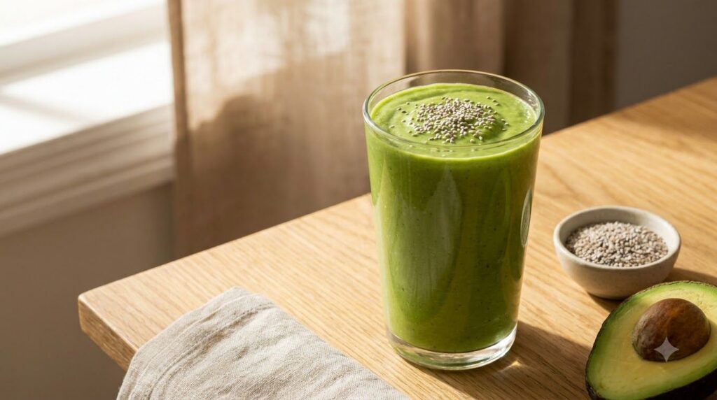 A vibrant green avocado banana smoothie served in a tall glass garnished with chia seeds