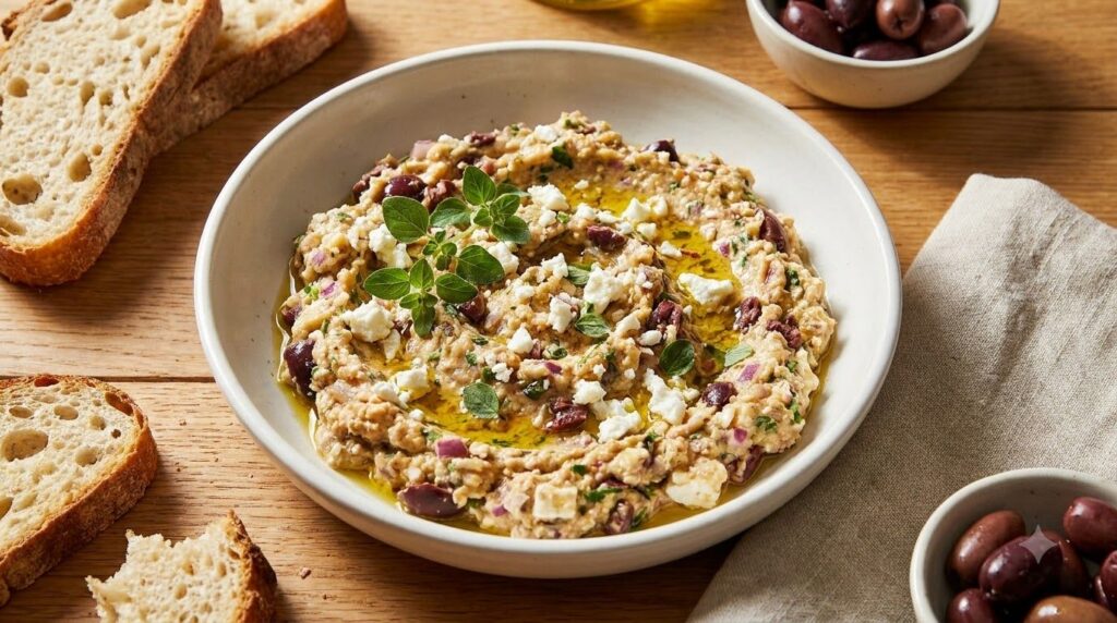 A Mediterranean-inspired egg spread with visible crumbled feta cheese and black olive pieces served in a bowl Fresh oreg