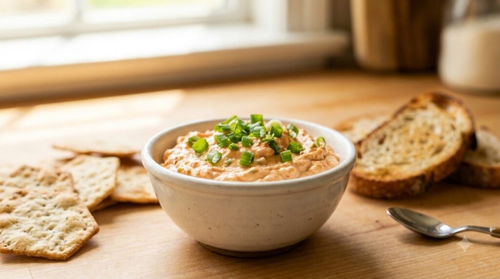 A vibrant creamy egg spread with a hint of red color from sriracha served in a small bowl with green onions sprinkled on