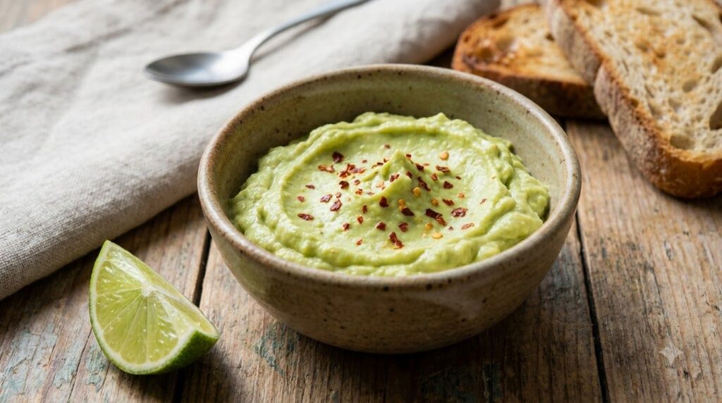 A creamy pale green avocado egg spread in a small bowl garnished with red pepper flakes and a lime wedge The texture is 