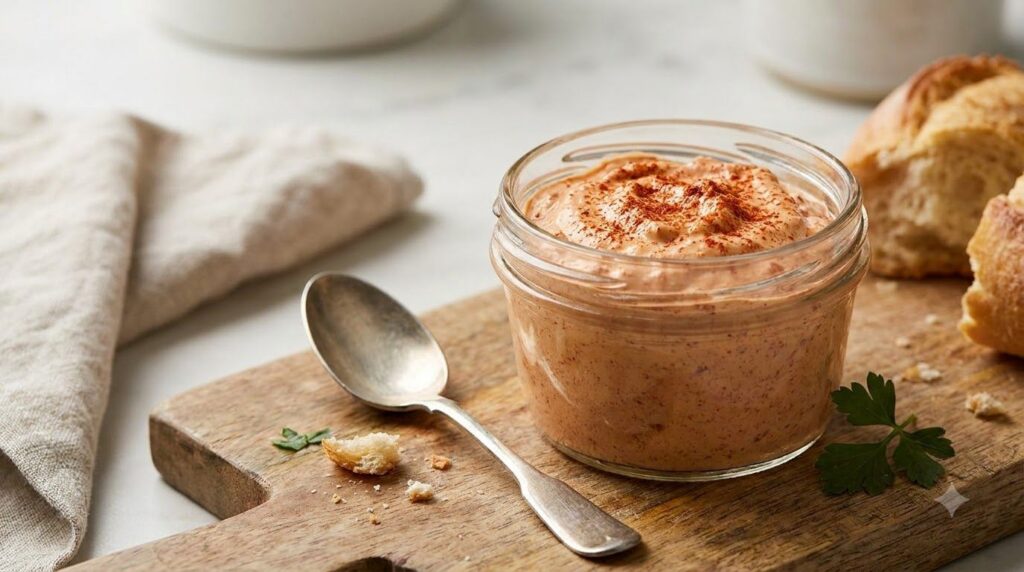 A creamy egg spread with a distinct reddish hue from smoked paprika served in a small glass jar A spoon rests beside it 