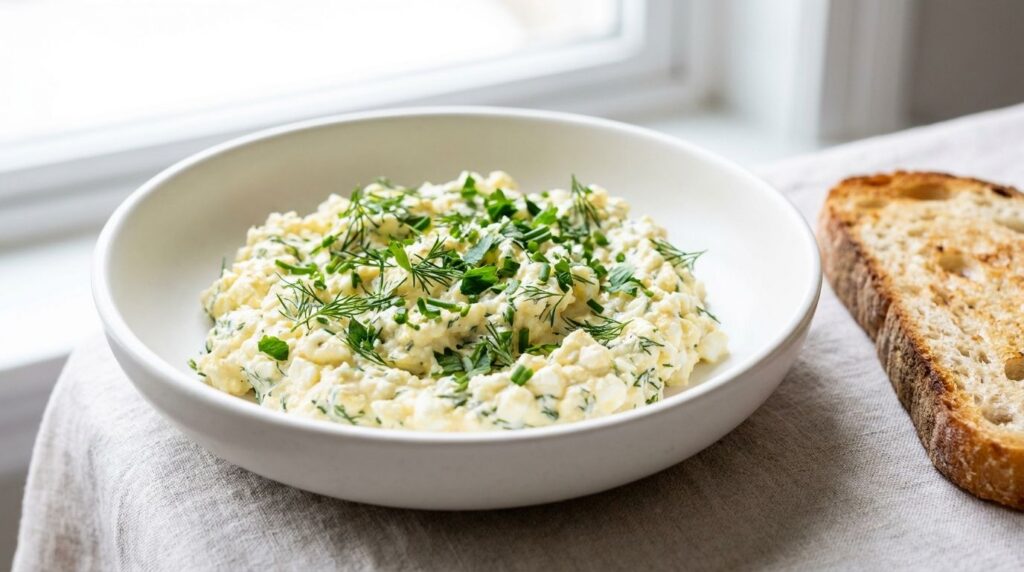 A light and fluffy egg spread mixed with cottage cheese and plenty of fresh green herbs like dill and chives served in a