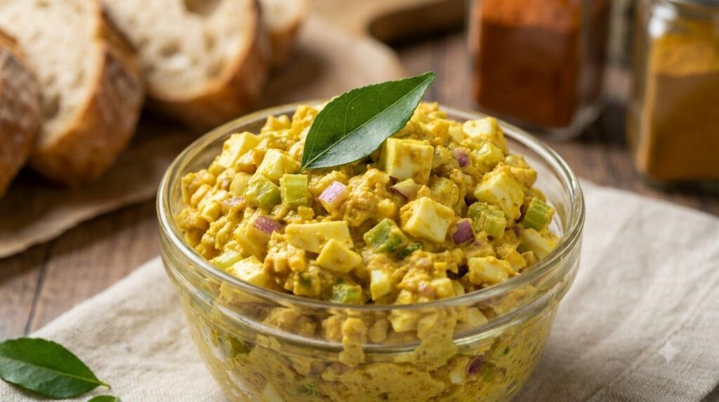 A yellow-hued curried egg salad spread chunky in texture in a small glass bowl A curry leaf garnish is placed on top