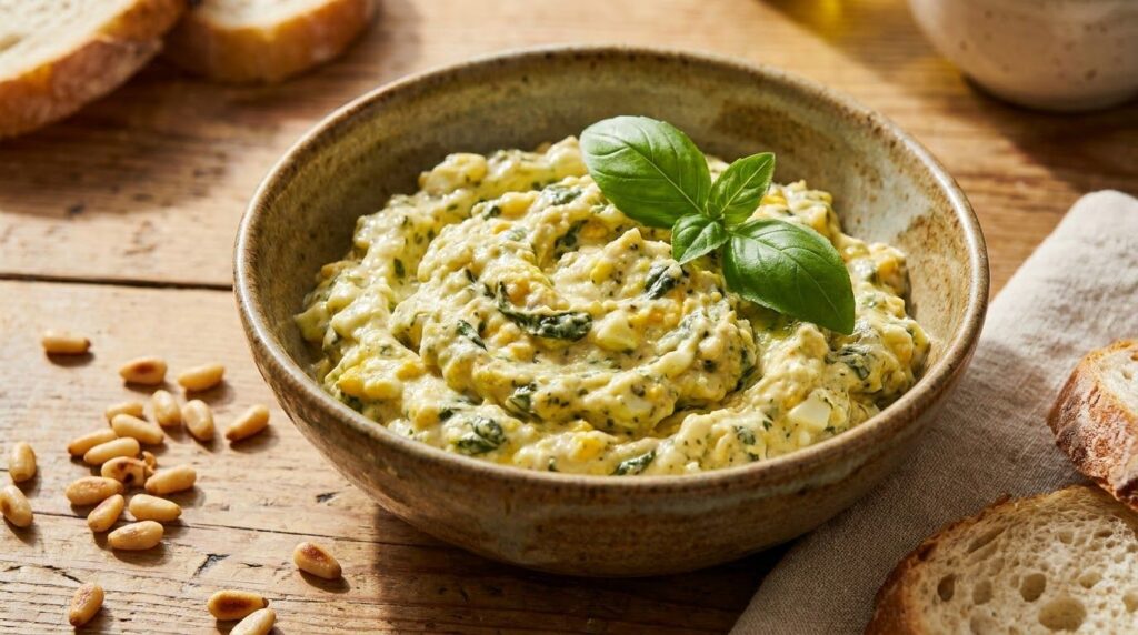 A green-flecked pesto egg spread in a rustic ceramic bowl with a small basil leaf garnish Toasted pine nuts are scattere