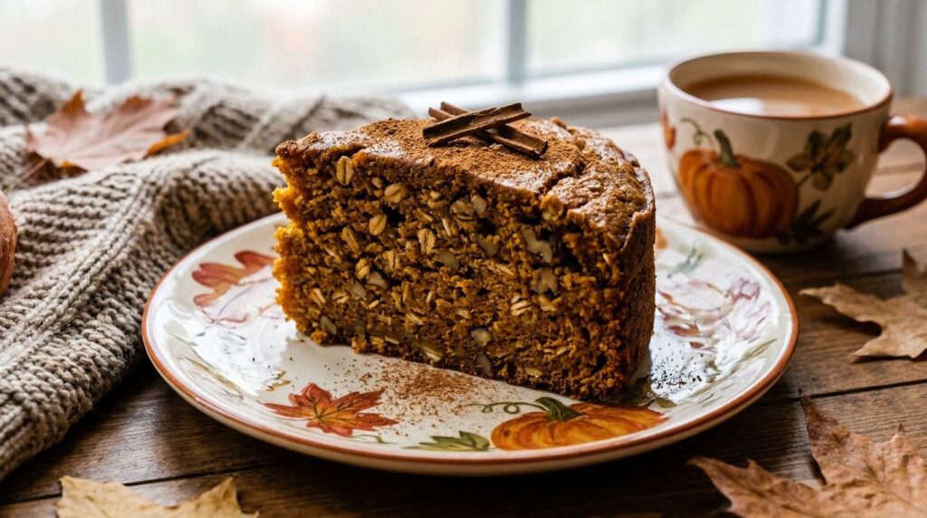 A cozy slice of pumpkin spice oat cake featuring a warm orange hue visible oats and a sprinkle of cinnamon on top The mo