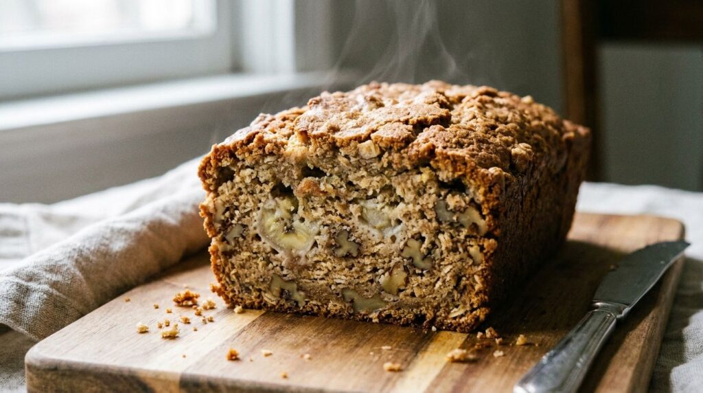 A hearty slice of banana nut oat cake with visible banana chunks and chopped walnuts The cake has a golden-brown top and