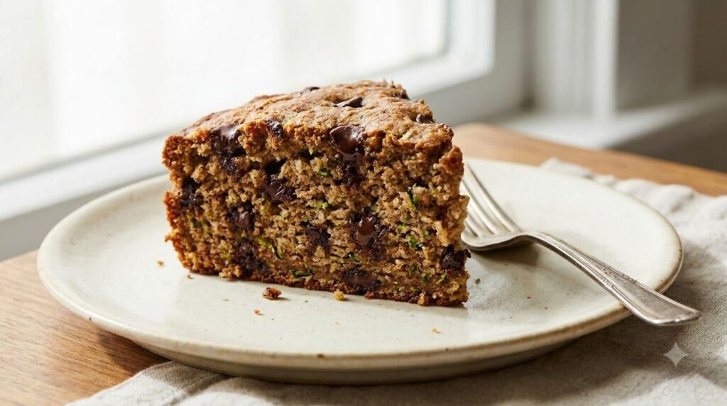 A slice of chocolate chip zucchini oat cake showing bits of chocolate chips and green flecks of zucchini within the mois