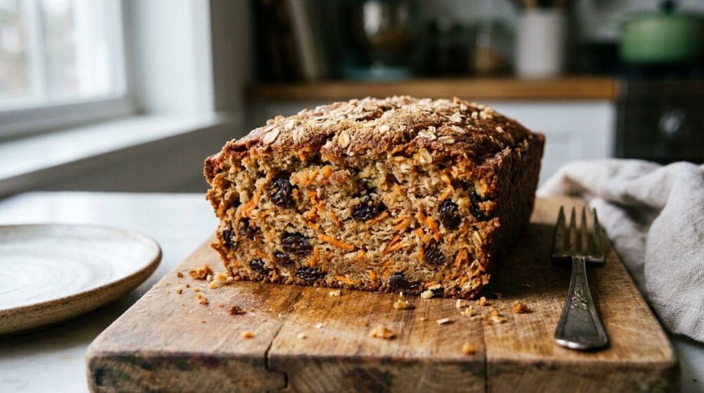 A wholesome slice of carrot raisin oat cake showing grated carrots and plump raisins embedded in a textured oat cake It 