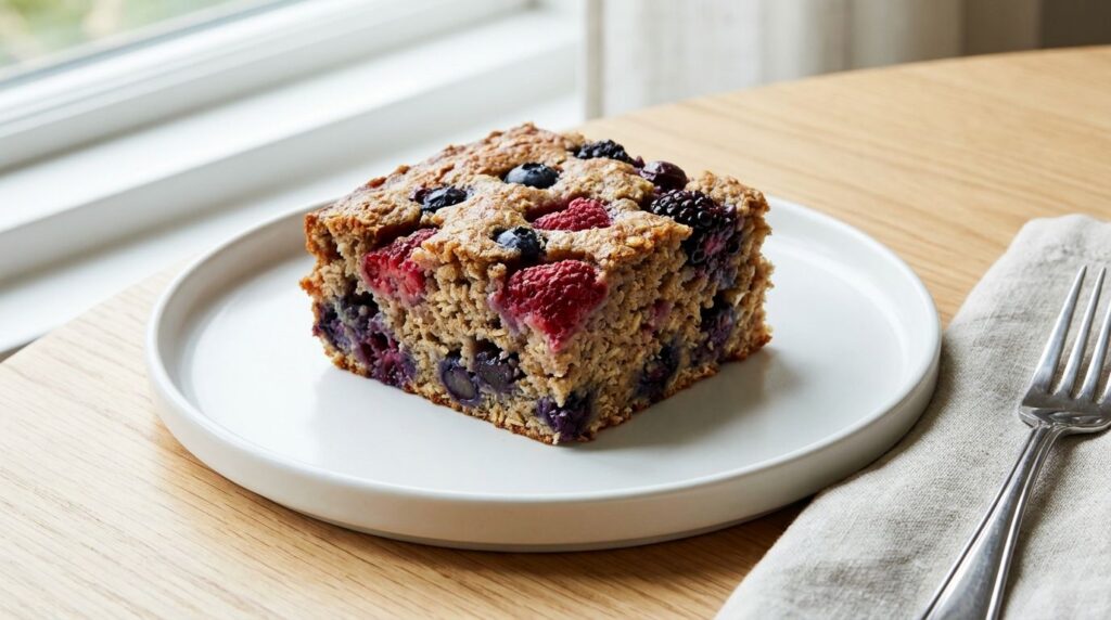 A square slice of berry oat cake showcasing mixed berries baked into a wholesome oat-based cake The cake is moist and co