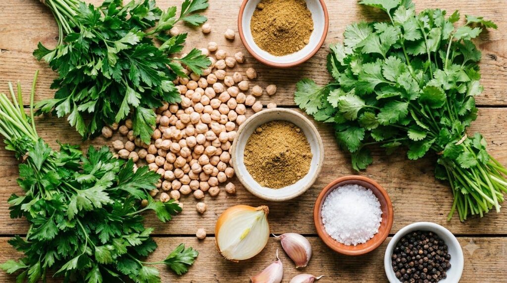 A flat lay of all raw falafel ingredients dried chickpeas fresh parsley cilantro onion garlic and small bowls of spices
