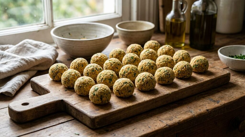 Formed falafel balls arranged on a cutting board ready for frying