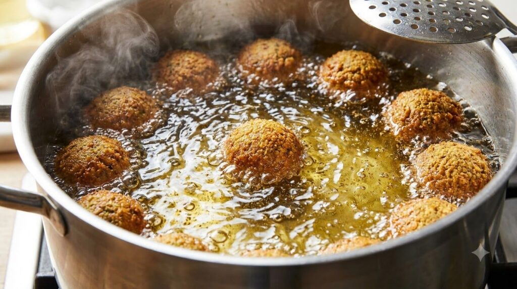 Close-up shot of several falafel balls frying in hot oil in a deep pot showing bubbles and golden-brown surfaces