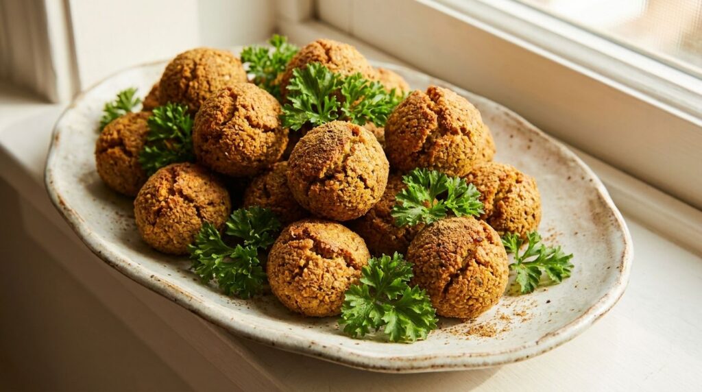A close-up shot of a stack of golden crispy falafel balls on a serving platter garnished with fresh herbs