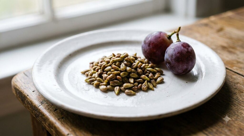 A pile of fresh clean grape seeds on a white plate ready for processing with a few whole grapes nearby