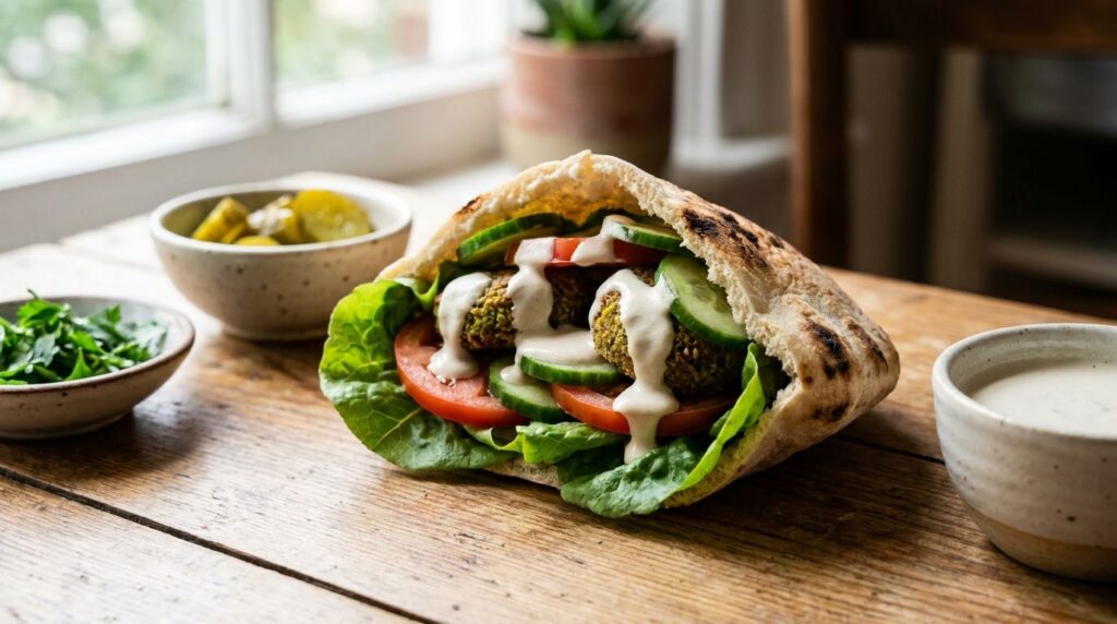 A complete meal featuring falafel served in pita bread with fresh vegetables like lettuce tomatoes cucumbers and a gener