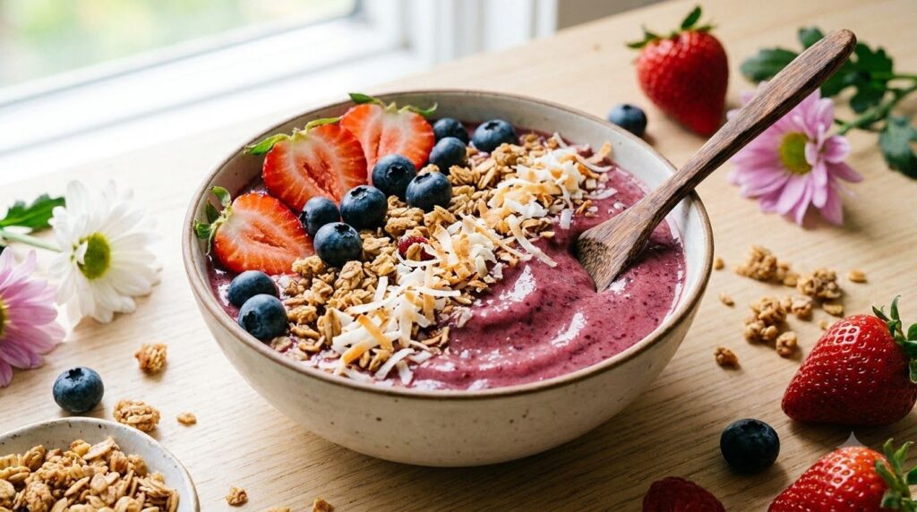 A beautifully arranged Berry Smoothie Bowl topped with fresh strawberries blueberries granola and shredded coconut ready