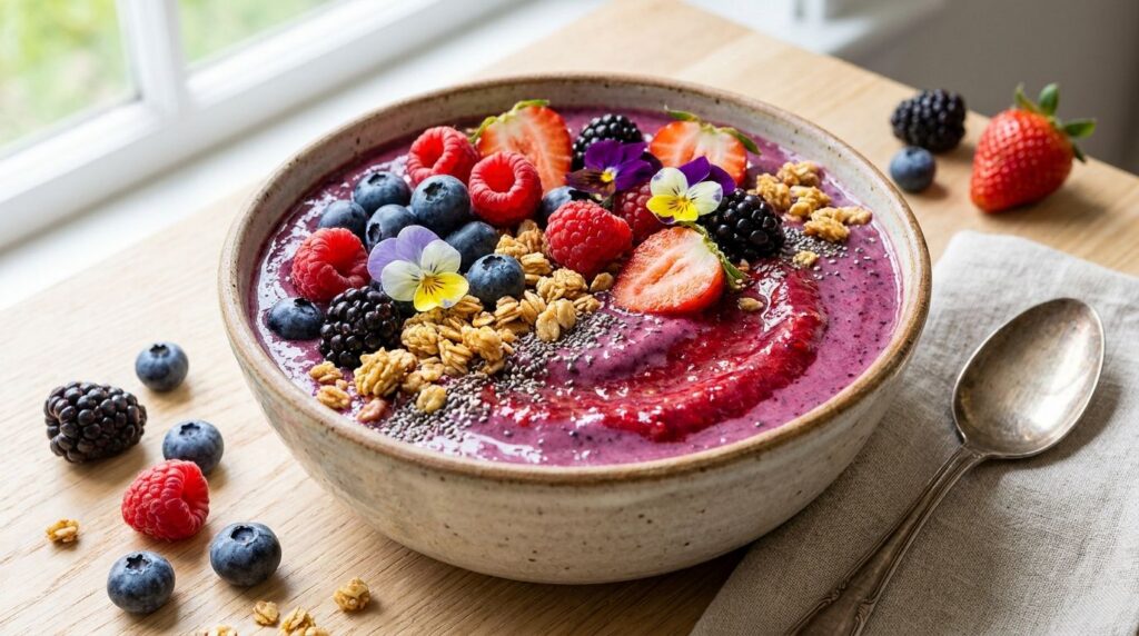 A beautifully arranged berry smoothie bowl with various toppings like fresh berries granola and chia seeds on a wooden t
