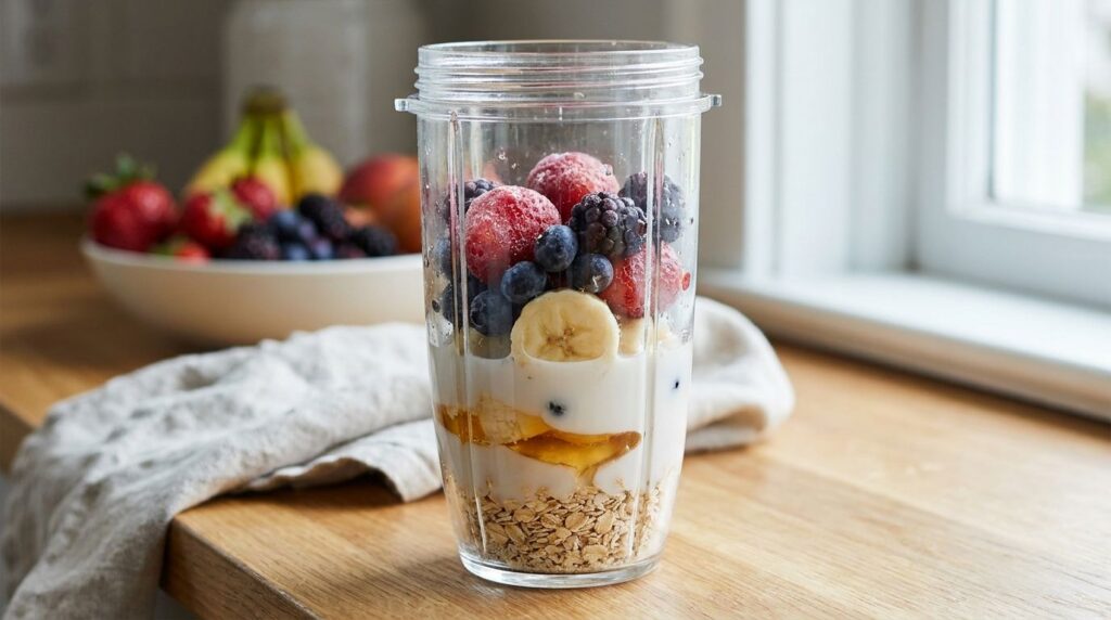 All smoothie ingredients including frozen berries banana slices milk honey and oats are in a blender cup ready to be ble