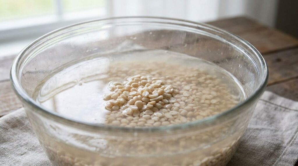 Soaked urad dal split black lentils in a bowl of water