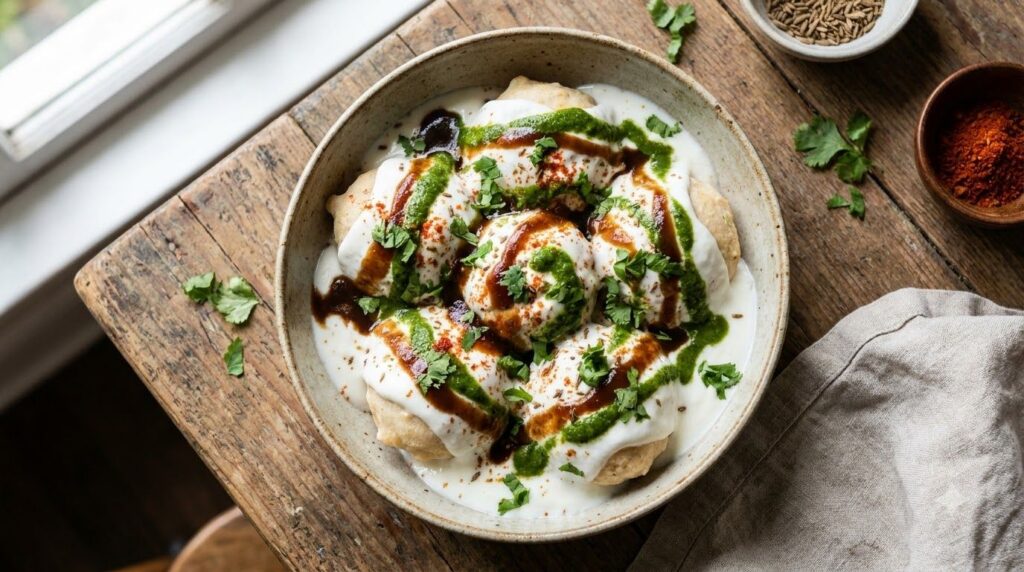 Assembled Dahi Bhalla on a plate topped with yogurt and chutneys