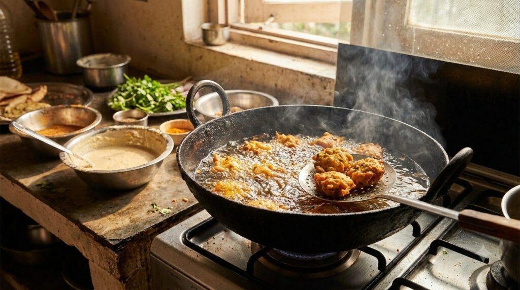 Golden brown lentil fritters bhalla frying in hot oil in a deep pot