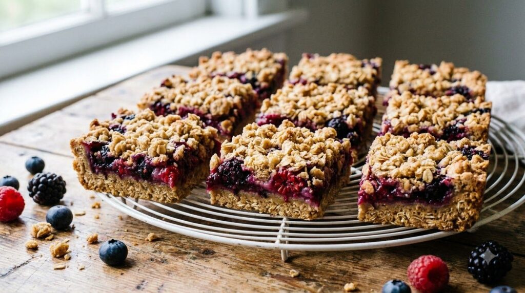 Blender berry crumble bars cut into squares showing layers of an oat-crumble crust a vibrant berry filling and a crunchy