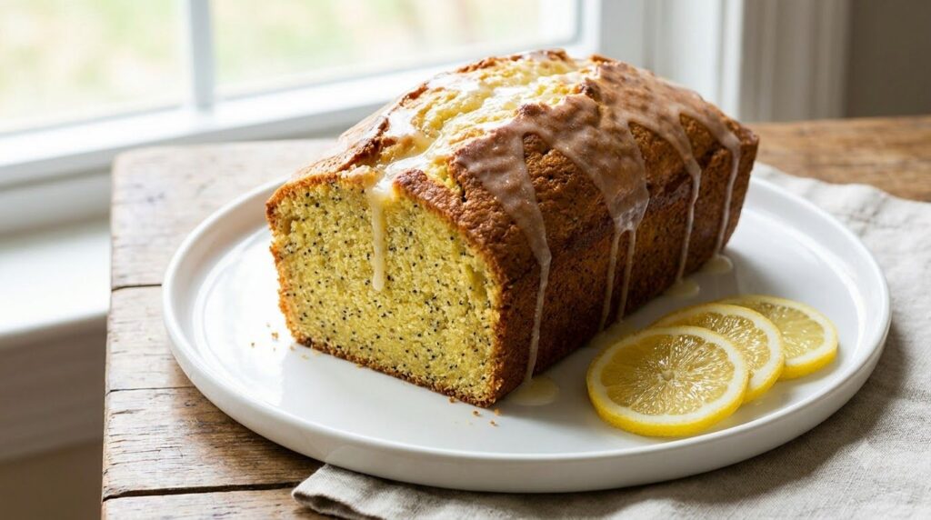A golden-yellow blender lemon poppy seed loaf freshly baked sliced and arranged on a simple white plate A light lemon gl
