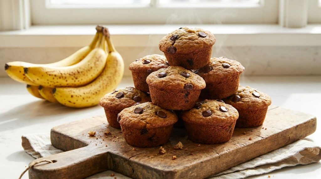 A stack of golden-brown blender banana muffins with some chocolate chips visible on top arranged on a wooden board The m