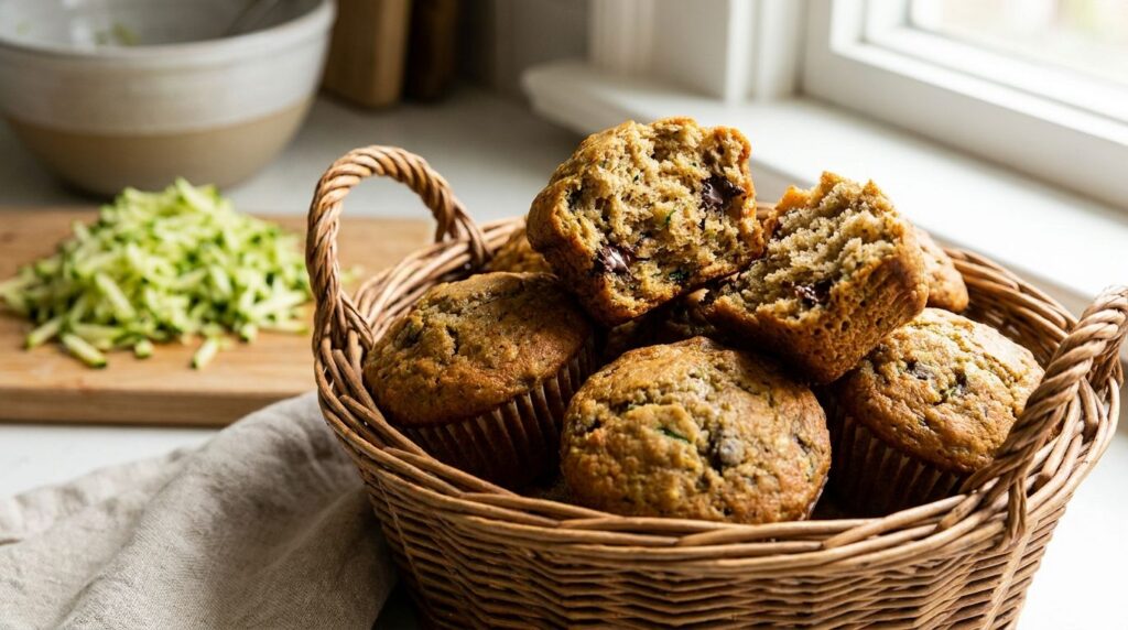 A basket of blender zucchini chocolate chip muffins with visible specks of zucchini and melted chocolate chips The muffi