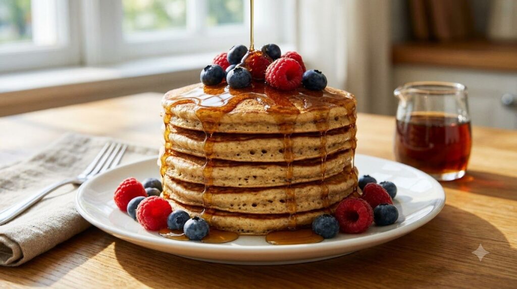 A stack of fluffy golden-brown blender oat pancakes drizzled with maple syrup and topped with fresh berries They are on 