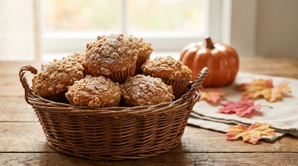A rustic basket filled with golden-brown blender pumpkin spice muffins topped with a light streusel or a sprinkle of cin