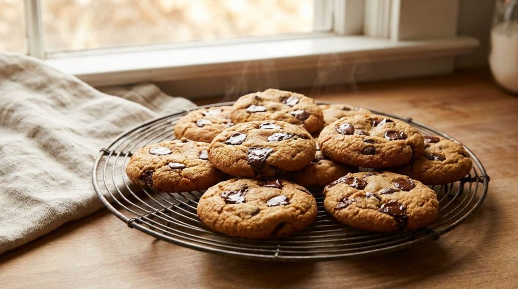 Warm gooey chickpea chocolate chip cookies on a cooling rack with some chocolate chips visible