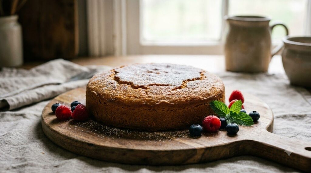 A baked round flourless chickpea cake whole or partly sliced on a wooden board with some berries scattered around
