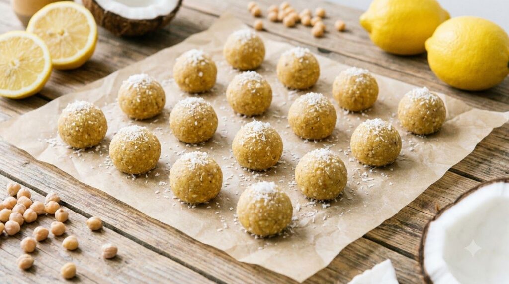 Small round lemon chickpea energy bites dusted with coconut flakes on a clean plate or parchment paper