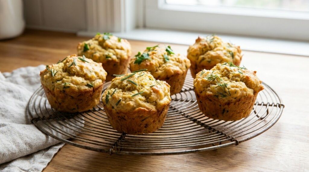 Savory chickpea and herb muffins with visible specks of green herbs arranged neatly on a cooling rack
