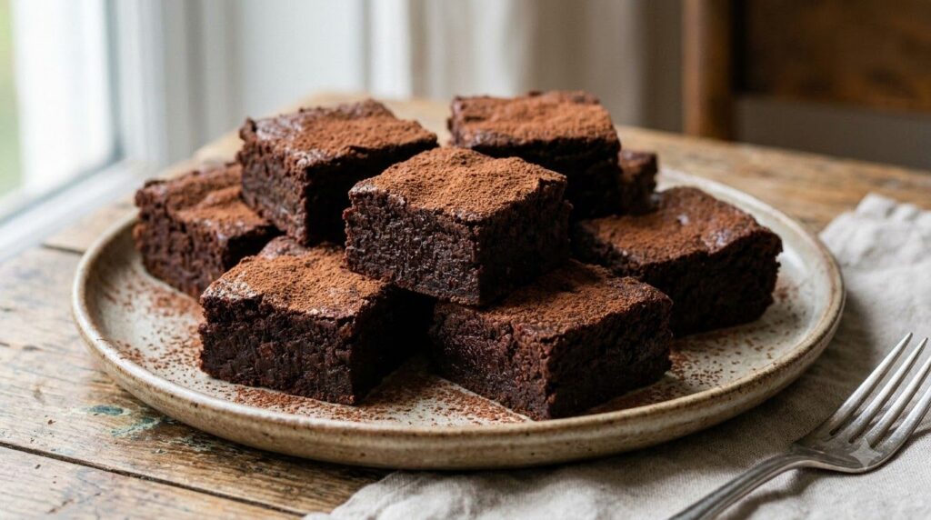 Fudgy chocolate chickpea brownies cut into squares dusted with cocoa powder on a plate