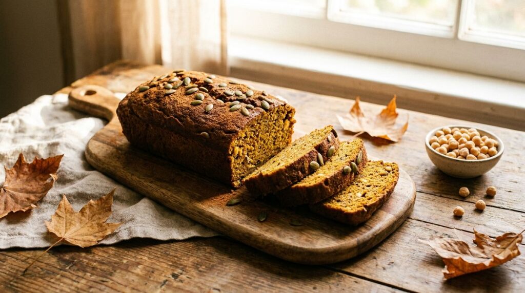 A baked pumpkin spice chickpea loaf sliced showing its moist interior on a serving board with a sprinkle of cinnamon
