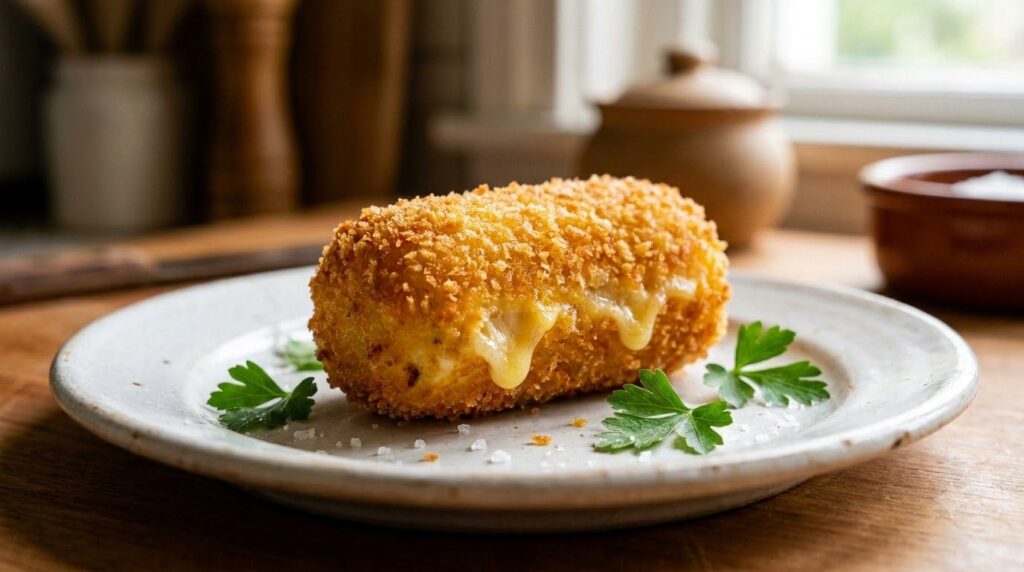 A perfectly fried cheesy potato croquette golden brown and crispy placed on a plate with a garnish of fresh herbs showin