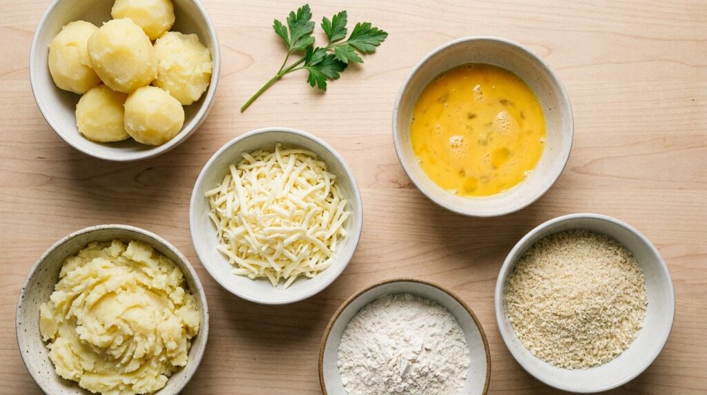 A variety of fresh ingredients for cheesy potato croquettes laid out on a kitchen counter potatoes mozzarella cheese egg