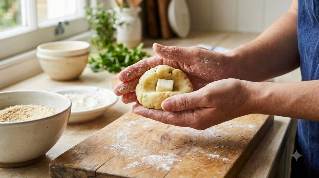 Hands shaping cheesy potato mixture into croquettes before breading and frying