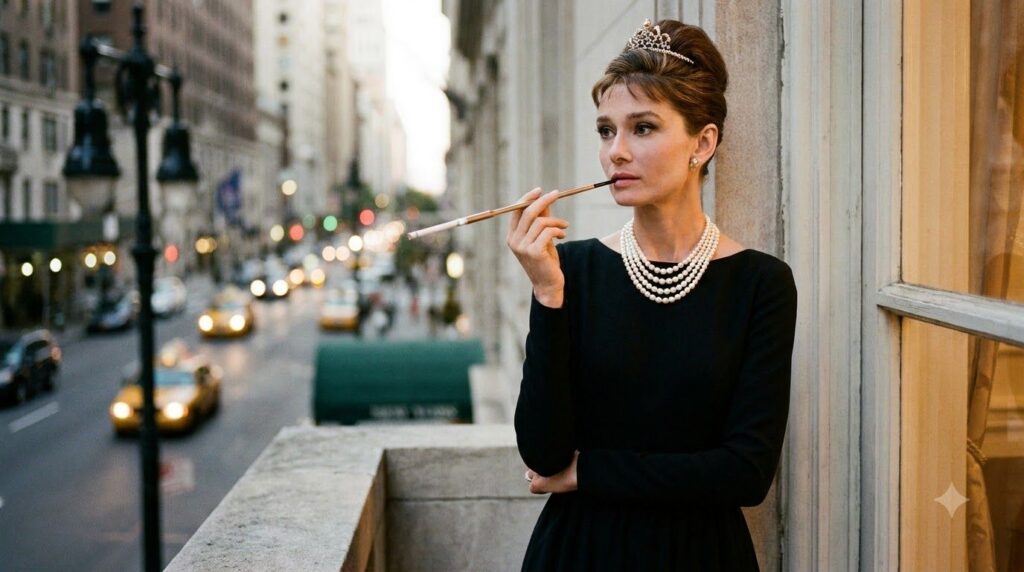 Audrey Hepburn as Holly Golightly in Breakfast at Tiffany s wearing a black dress pearls and tiara holding a cigarette h