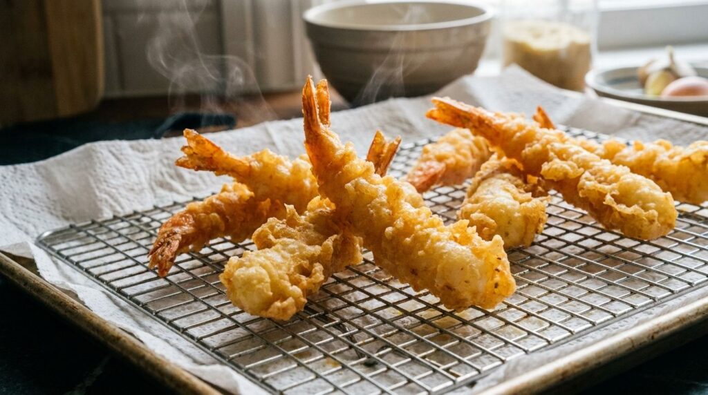 Golden brown crispy shrimp tempura draining on a wire rack over paper towels