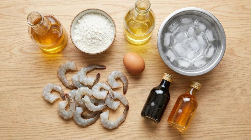 A flat lay of all the ingredients for shrimp tempura including fresh shrimp a bowl of flour an egg a bottle of oil and i