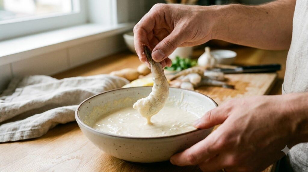 A person dipping a prepared shrimp into a bowl of tempura batter
