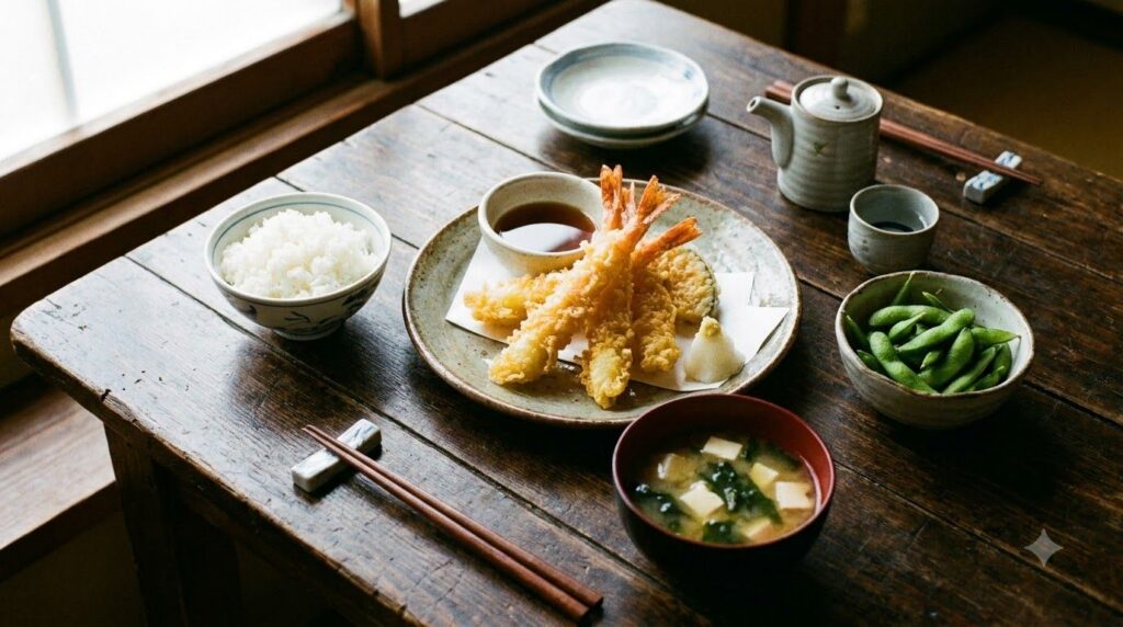 A complete Japanese meal spread featuring crispy shrimp tempura steamed rice miso soup and possibly a small salad or eda