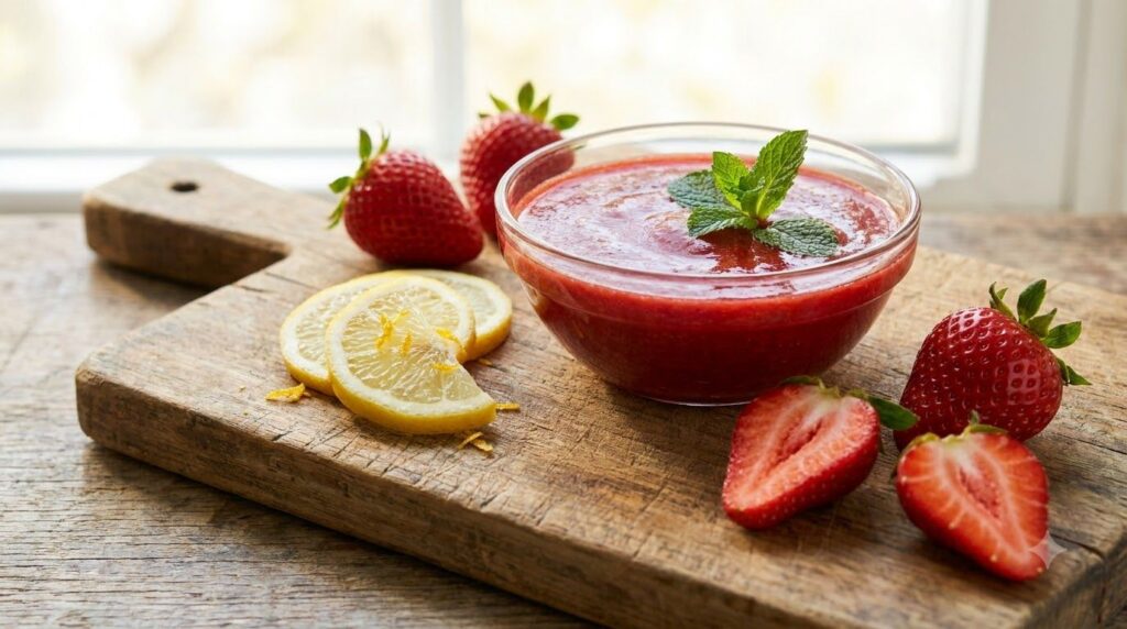A close-up of a vibrant smooth strawberry puree in a glass bowl with fresh strawberries and a lemon on a cutting board i